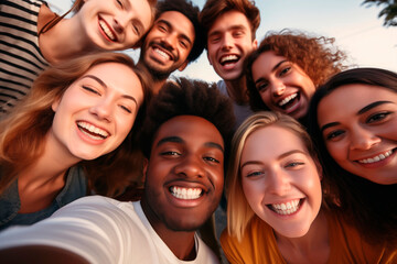 Diverse group of smiling friends taking a selfie in an autumn park.
