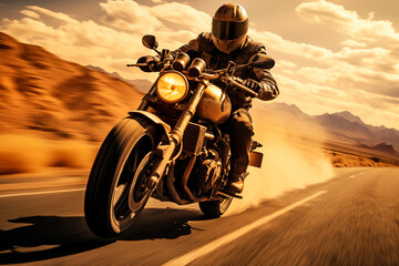 Motorcyclist at high speed on a desert road, conveying motion and a sense of freedom.