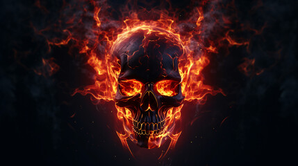 Fiery Human Skull on black background.