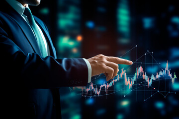 Businessman analyzing financial data on interactive digital charts, focused on market trends.