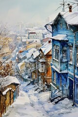 A painting of a snowy street in a city. Perfect for winter-themed projects and holiday designs