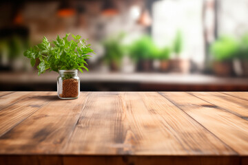Glass pot with green basil and soil on a wooden table in a well-lit interior space.