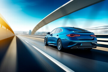 Blue car in fast motion on a highway, symbolizing modern speed and performance.