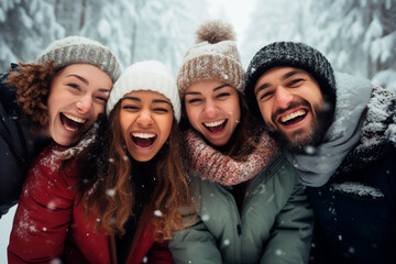 Smiling friends enjoying a wintry night setting, conveying warmth and joy.