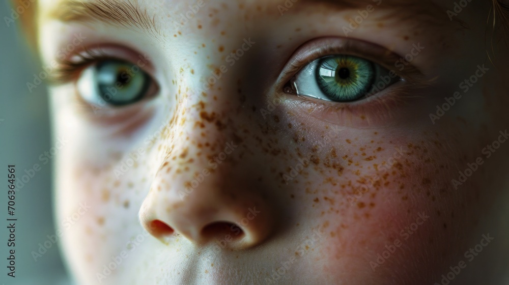 Aufkleber A close-up view of a child with freckles on their face. This versatile image can be used for various purposes