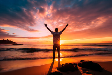 Fototapeta premium Man with open arms facing a vibrant sunset on the beach, symbolizing freedom and peace.