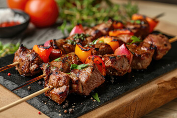 A skewer of shashlik, Russian-style grilled meat, served with colorful vegetables