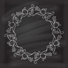 Vector round floral frame with ivy leaves decoration. Vintage style ivy stems wreath on a chalkboard background