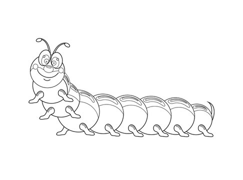 Silhouette, outline, black and white caterpillar. Coloring book for children.