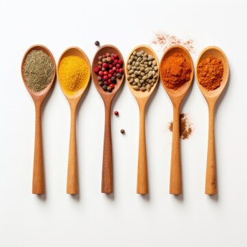 Variety kinds of dry organic in spoons on white background