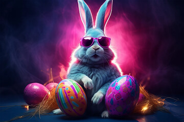 easter bunny wearing cool glasses being around easter eggs near a neon light in behind