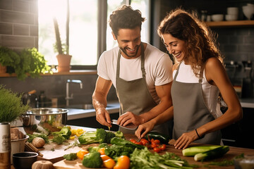 Joyful couple cooking together, slicing fresh vegetables in a sunny, modern kitchen.