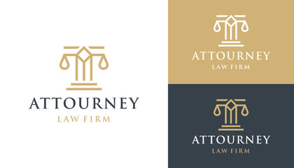 Fototapeta na wymiar Golden Scales of Justice With Greek Pillar Columns For Courthouse and Lawyer Firm Logo Designs