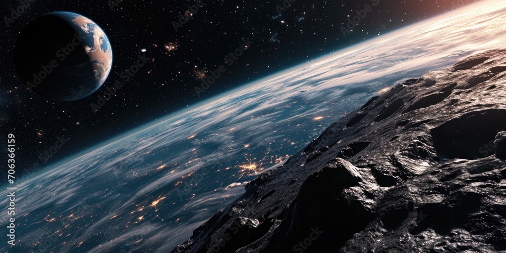 Poster a captivating view of planet earth as seen from the orbit of the moon. perfect for science enthusias