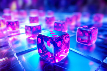 Casino neon background of dice on gaming table with lightning. Gaming cube with iridescent holographic effect. Concept of online betting and risky games - obrazy, fototapety, plakaty