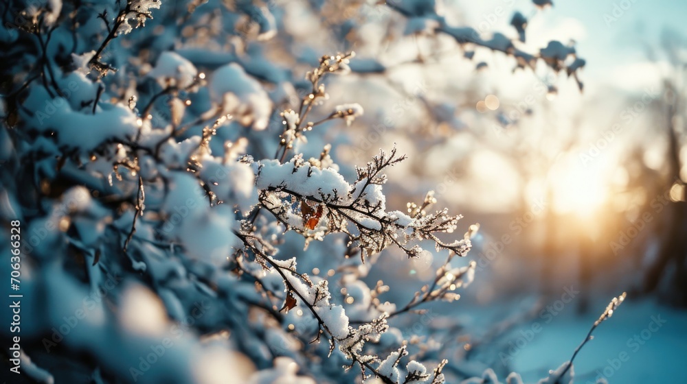 Aufkleber a beautiful snow-covered tree with the sun shining in the background. ideal for winter-themed design