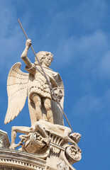 Statue of St Michael killing the Satan , on the top of St Jacobs cathedral in Sibenik, Croatia - 706366335