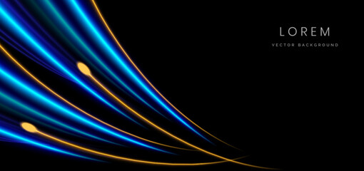 Abstract technology futuristic glowing neon blue and yellow curved light lines with speed motion moving on black background.