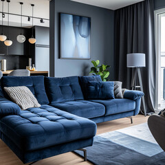 Modern Comfort in Blue: Cozy Sofa Landscape in a Stylish Living Room - A Relaxing Oasis of Tranquility and Contemporary Elegance - Generative AI