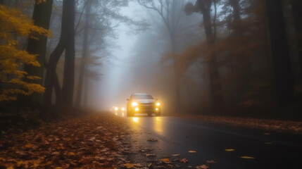 A car with bright headlights cuts through the thick fog on a forest road, creating an atmosphere of mystery and exploration.