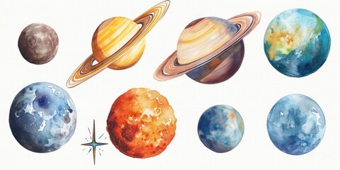 Colorful watercolor paintings of various planets on a white background. Ideal for science projects, educational materials, or astronomical-themed designs