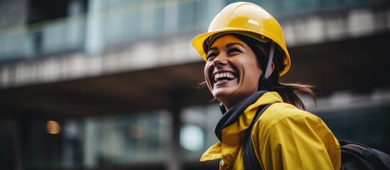 Joyful woman happily celebrates in a contemporary city, stylishly attired, wearing a yellow helmet for protection.