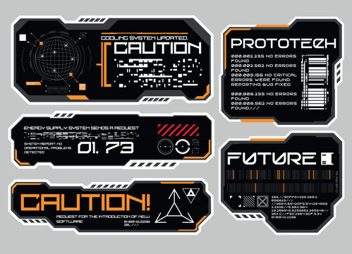 Cyberpunk sticker set. Sci fi typography for modern and tech design. Vector Illustration. EPS 10