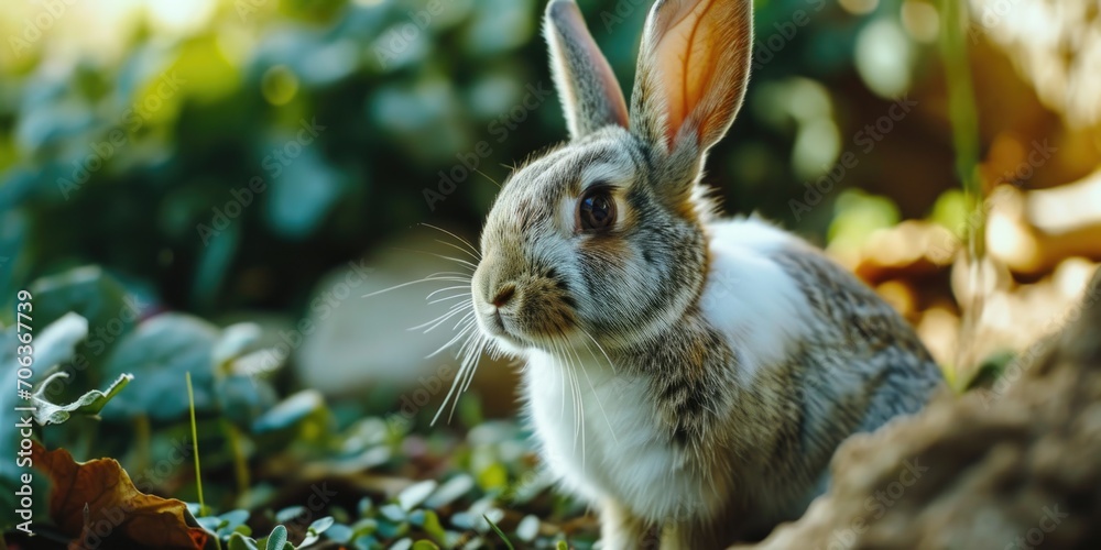 Poster a rabbit sitting in the grass near a tree. suitable for nature-themed designs and illustrations