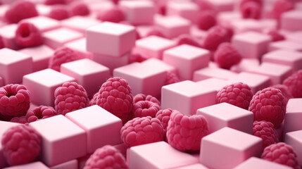 An artistic arrangement of raspberries atop a collection of pastel pink geometric cubes, creating a...