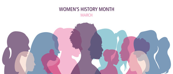 Women's History Month banner.Vector illustration with silhouettes of women of different nationalities. - obrazy, fototapety, plakaty