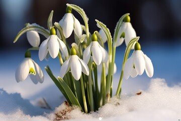 A bunch of snowdrops in the snow. Early spring flowers, snowdrops.