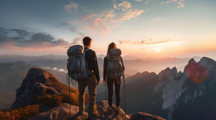 Couple of man and woman hikers - obrazy, fototapety, plakaty