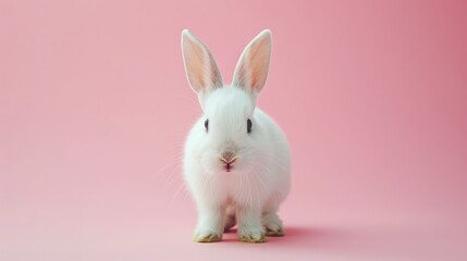 Fototapeta premium Front view of white rabbit , pink background