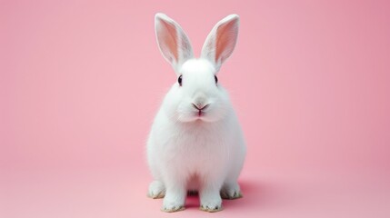 Front view of white rabbit , pink background