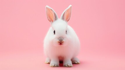 Fototapeta premium Front view of white rabbit , pink background