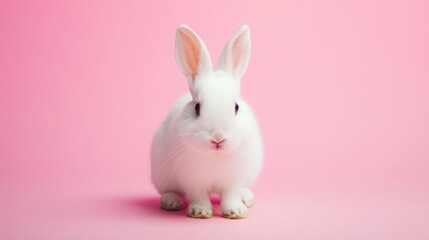 Fototapeta premium Front view of white rabbit , pink background