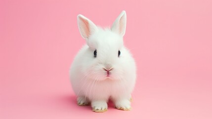 Front view of white rabbit , pink background