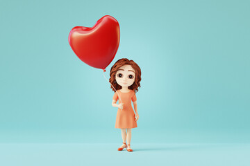 Cute cartoon girl holding  heart shape balloon. Valentine's day or mother's day celebration concept. 3D render