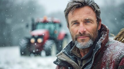 A farmer standing in the snow with a tractor behind him.