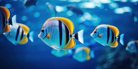 Fototapeta premium An underwater scene with colorful tropical fish swimming among the blue depths, highlighting the beauty of marine life.