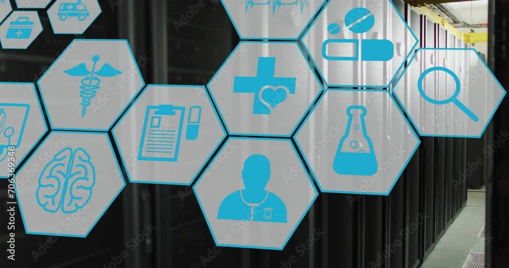 Poster animation of network of medical icons and data processing over computer servers