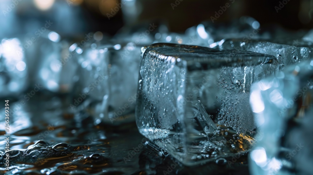 Aufkleber Ice cubes arranged in a group on a table, perfect for refreshing summer concepts or beverage advertisements