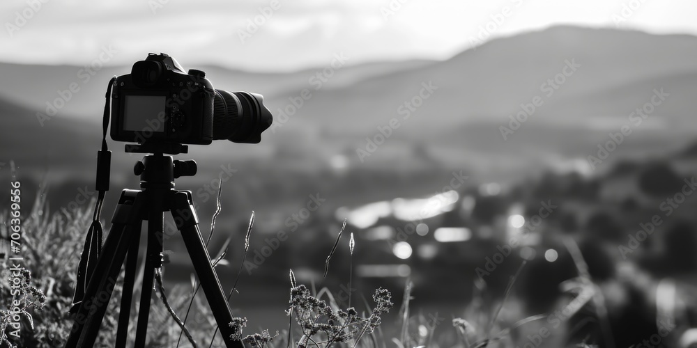Poster A black and white photo of a camera on a tripod. This versatile image can be used in various projects