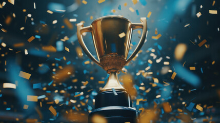 Golden trophy cup with confetti falling around, symbolizing victory. - obrazy, fototapety, plakaty