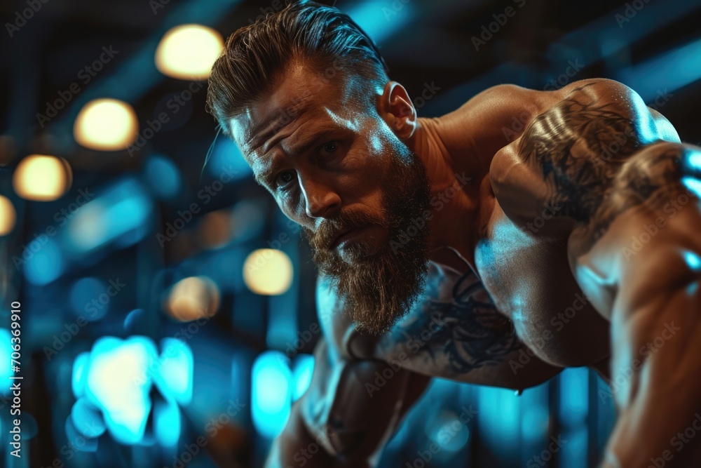 Aufkleber a man with a beard doing push ups in a gym. perfect for fitness and exercise concepts