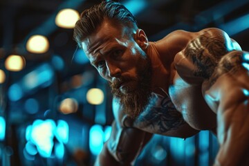 A man with a beard doing push ups in a gym. Perfect for fitness and exercise concepts
