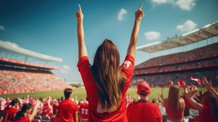 football Fans in red shirt celebration on big stadium during football game