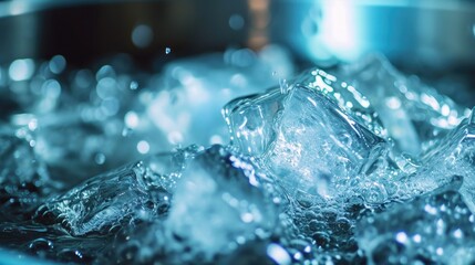 A detailed view of ice cubes submerged in a bowl of water. This versatile image can be used to depict concepts such as refreshment, summer, cooling, hydration, or even the science of freezing.