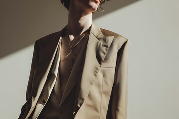 fashion interior photo of beautiful sensual man with dark hair in elegant dark brown open-front blazer and accessories posing in studio.