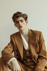 fashion interior photo of beautiful sensual man with dark hair in elegant dark brown open-front blazer and accessories posing in studio.